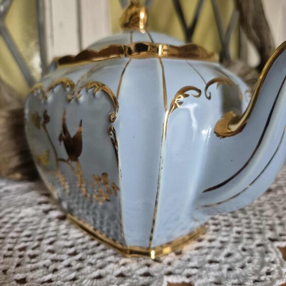 SADLER 30s Vintage Blue Cube Teapot with 24KT Gold Birds - Picture 13 of 15